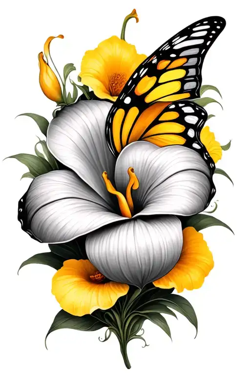 closed calla lily and yellow butterfly wings in middle  tattoo design idea