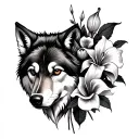 Half Wolf, Half Flower arrangement with Roses and Calla Lilies  tattoo design idea