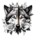 Half Wolf, Half Flower arrangement with Roses and Calla Lilies  tattoo design idea