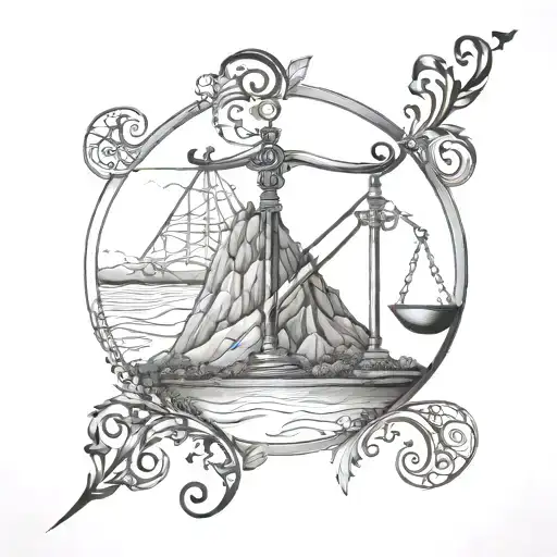 An elegant black and grey tattoo of the Libra zodiac symbol intertwined with a beautiful Pernambuco landscape tattoo design idea
