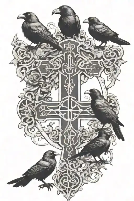 crow family crest with 2 large crows and 4 small crows with celtic cross tattoo design idea