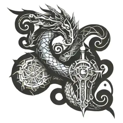 A Kingdom Hearts themed tattoo with a dragon and keyblade intertwined tattoo design idea
