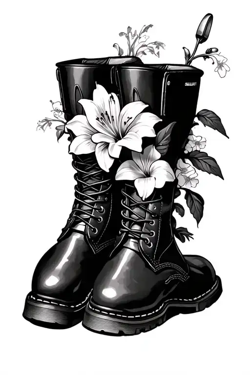 marine boots with lilies and snapdragons coming out. something to do with motorcycles. he had a suzuki. country music  tattoo design idea