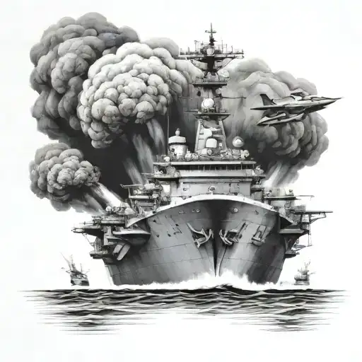 aircraft carrier coming directly at you through fire first person point of view tattoo design idea
