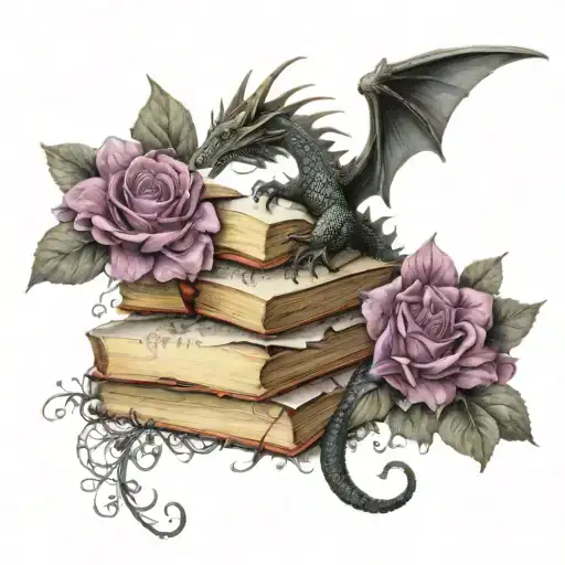 Dragon books surrounded by florals tattoo design idea