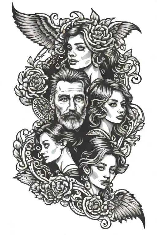 dad and 3 daughters tattoo design idea