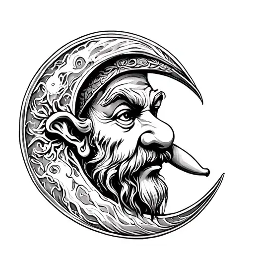 halfmoon withm gnome face with long nose, art nouveau style, black and white tattoo tattoo design idea