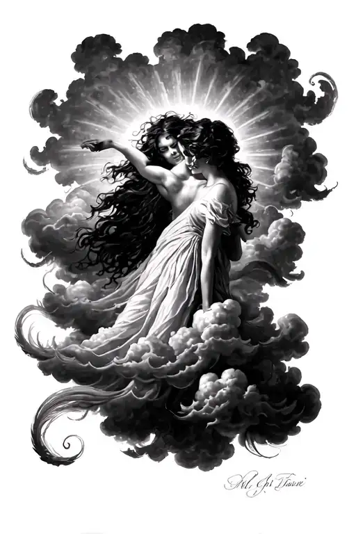 Realism time running together Sun shining trough clouds tattoo design idea