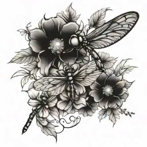 flowers dragonfly , fairy mystical tattoo design idea