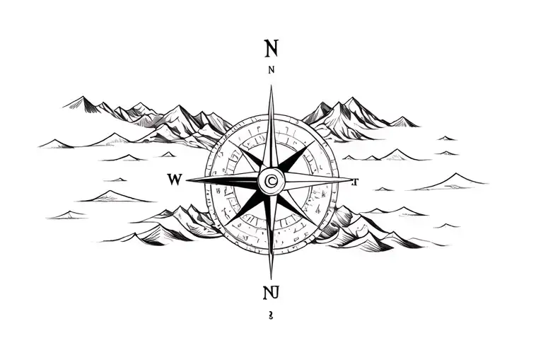 large compass surrounded by intricate geometric mountains and waves, black and white tattoo design idea