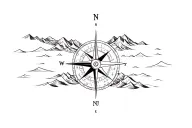 large compass surrounded by intricate geometric mountains and waves, black and white tattoo design idea