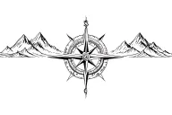large compass surrounded by intricate geometric mountains and waves, black and white tattoo design idea