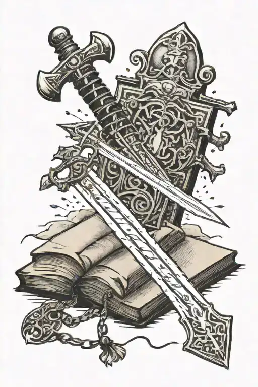 fantasy sword stabbing through open spell book open in front tattoo design idea