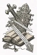 fantasy sword stabbing through open spell book open in front tattoo design idea