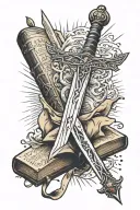 fantasy sword stabbing through open spell book open in front tattoo design idea