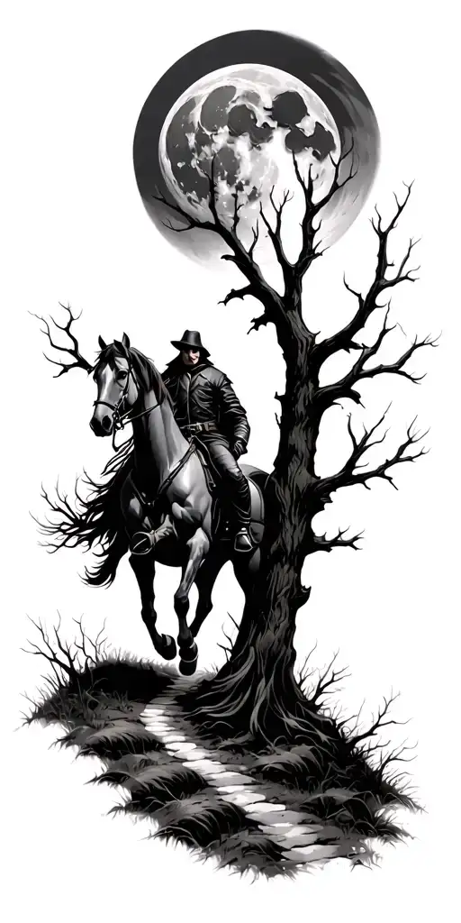 the headless horseman riding down a haunted forest path with dead trees, a large full moon on the shoulder  tattoo design idea