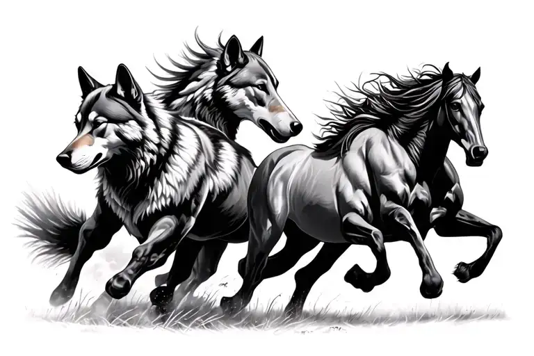 wolves and horses running together tattoo design idea
