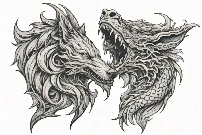wolf and dragon breathing fire tattoo design idea