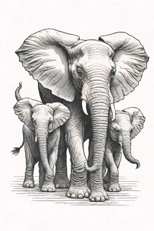 front facing mother elephant with two baby elephants holding trunks in front tattoo design idea
