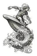 Giant wave surfer riding wave with life and death tarot card tattoo design idea