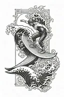 Giant wave surfer riding wave with life and death tarot card tattoo design idea
