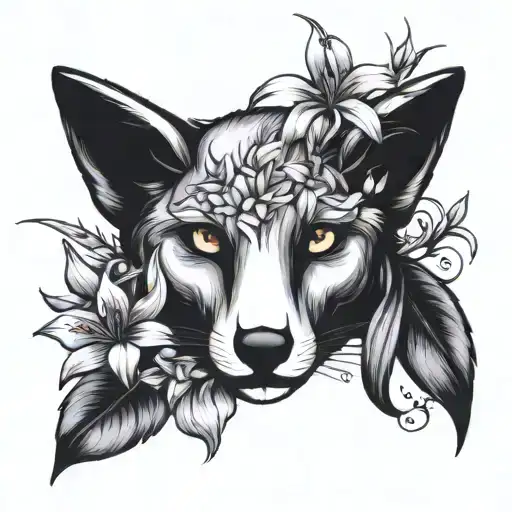 daylilies and fox surrounded tattoo design idea