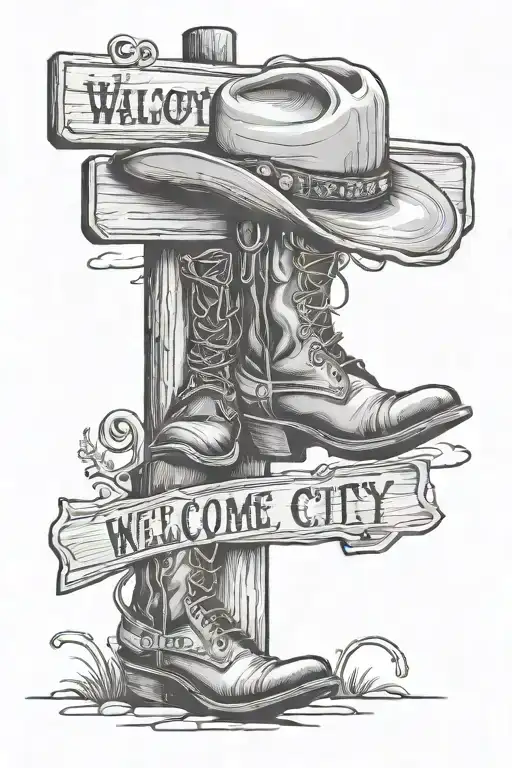 street sign tattoo, woody boots with cowboy hat, welcome city sign, tattoo design idea