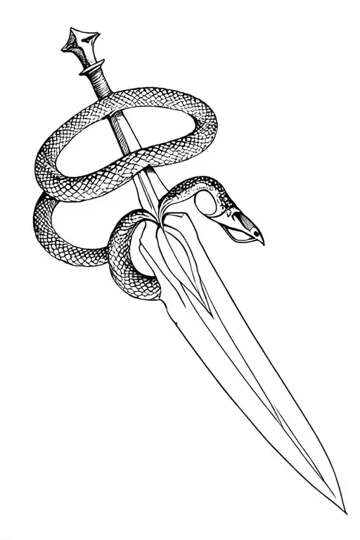 A downward-pointing sword resembling a cross with a snake coiled around it and its mouth open. tattoo design idea