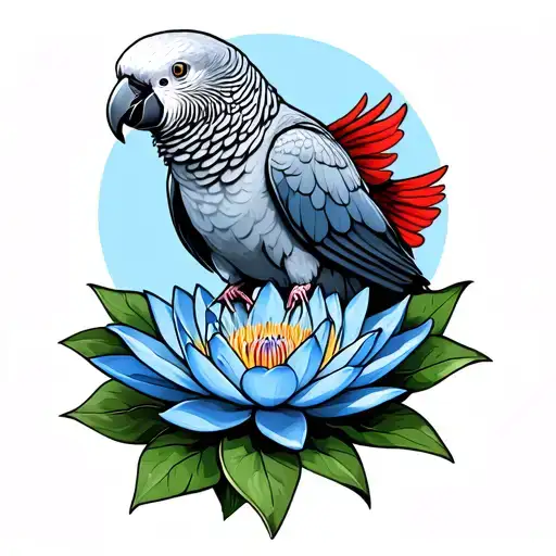 african grey parrot with red tail on blue lotus flower tattoo design idea