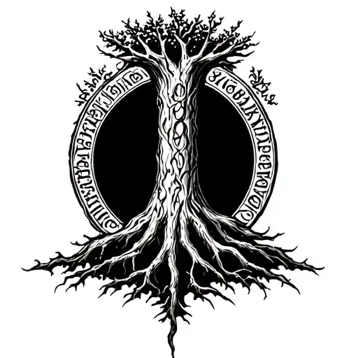 tree of Gondor mixed with Elden ring erdtree symbol and elvish writing from the book in Tolkien style around border tattoo design idea