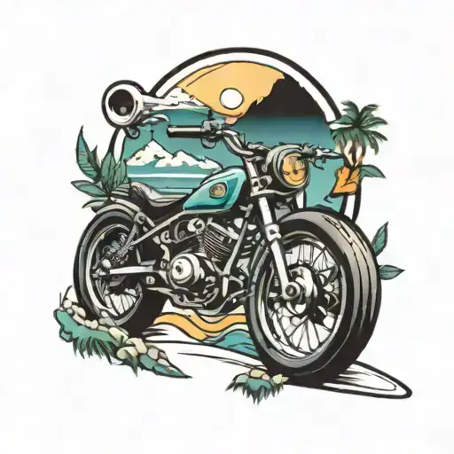 surfing , mountains dirt bikes and fitness symbols tattoo design idea