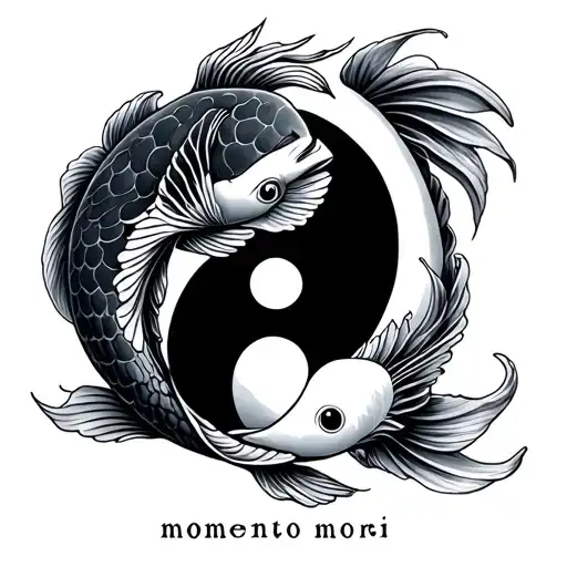 koi fish yin and yang with phrase "momento mori" tattoo design idea