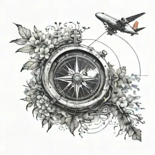 modern airplane and nature with compass tattoo design idea