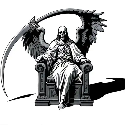 angel of death on his throne with his scythe and the last testament tattoo design idea