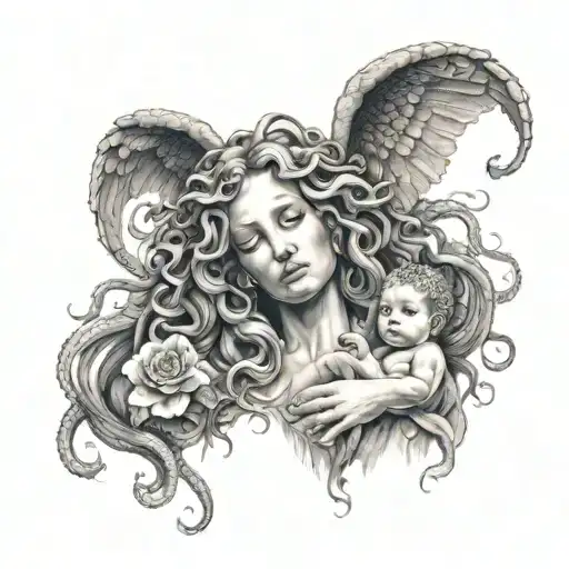 A breathtakingly beautiful Medusa with a baby with angel wings. Medusa crying in sadness over the loss of her childhood  tattoo design idea