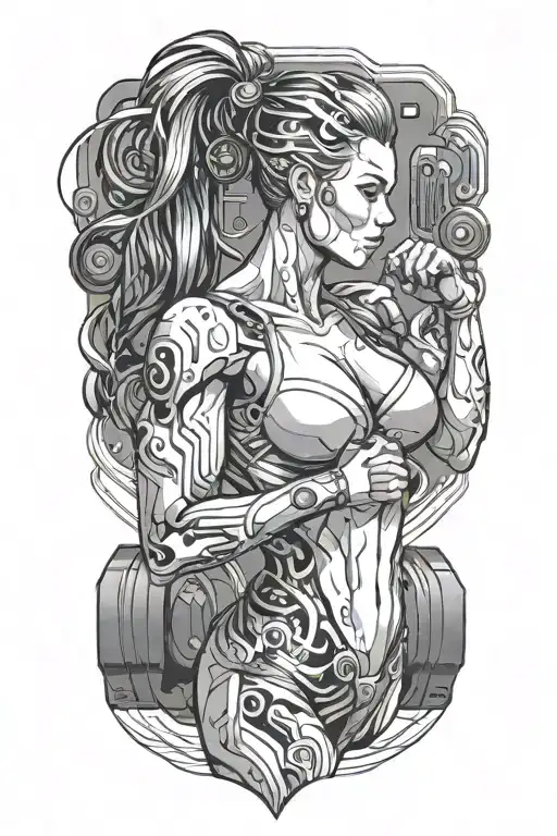 bodybuilder muscular women with technology circuits merging tattoo design idea