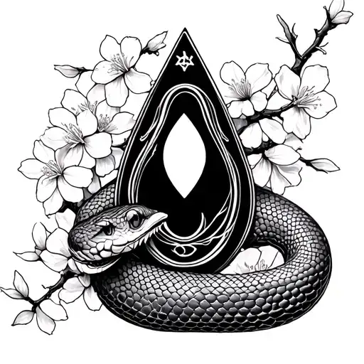 planchette snake slithering and japanese cherry blossoms tattoo design idea