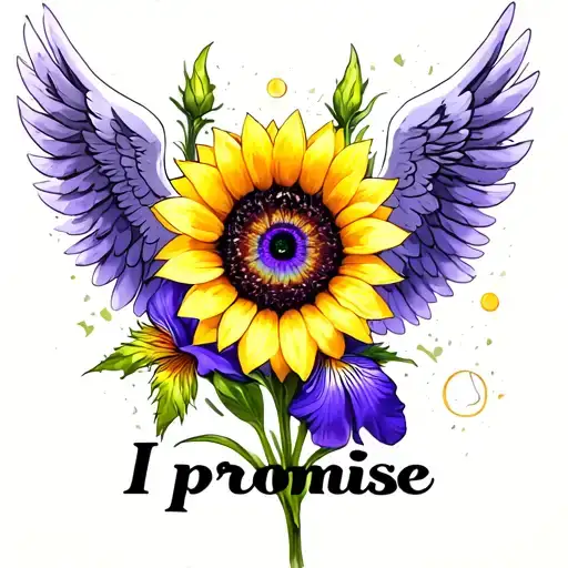 "I promise" written in a beautiful font, with a sunflower, purple iris and angel wings tattoo design idea