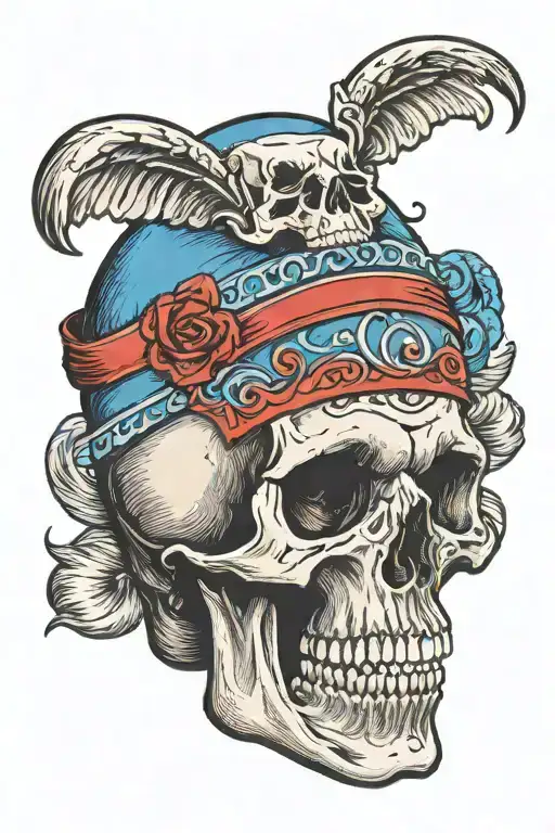 skull with blue markings wearing red headband  tattoo design idea