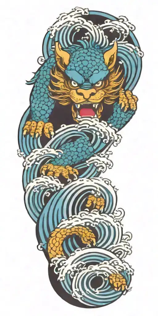 colorful, foo dog, waves crashing in the background tattoo design idea