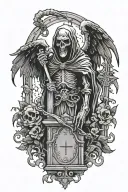 Faceless grim reaper death angel with big black wings protecting a tombstone tattoo design idea