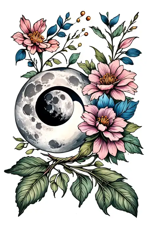 waxing gibbous moon phase with february birth flower  tattoo design idea