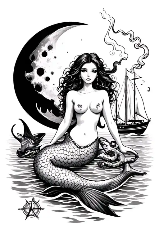 sexy mermaid on beach. moon and sun. crab smoking joint. music. octopus. dolphin. sailboat. compass. time is short. tattoo design idea