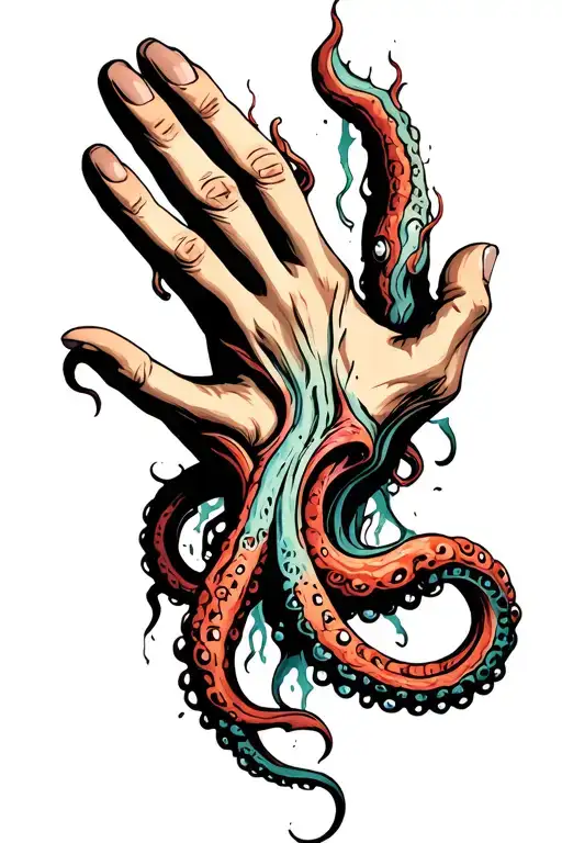 a right hand open with the index and thumb touching and tentacles coming out from a cut in the palm tattoo design idea