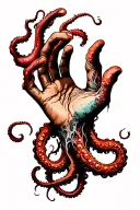 a right hand open with the index and thumb touching and tentacles coming out from a cut in the palm tattoo design idea