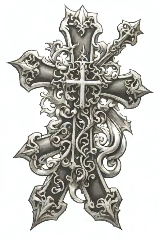 Chrome heart cross tattoo bible verse on bottom half tattoo design idea