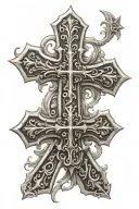 Chrome heart cross tattoo bible verse on bottom half tattoo design idea