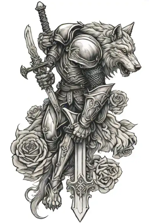knight kneeling with a sword with wolf blended by roses tattoo design idea