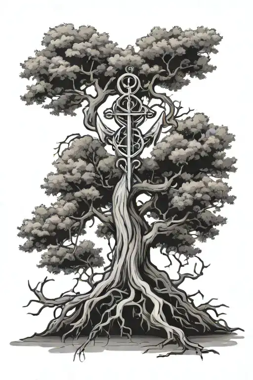 Cypress tree with roots shaped like an anchor tattoo design idea