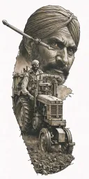Tractor Plowing, Punjab map with a sword, Farmer man tattoo design idea